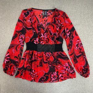 Bisou Bisou Michele Elegant Peplum Blouse Small Ruffle‎ Floral Red Black Pink